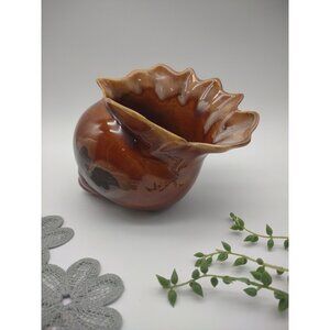 Vintage 1970s Brown Drip Glaze Ceramic Shell Planter, Vase, Trinket Holder, READ